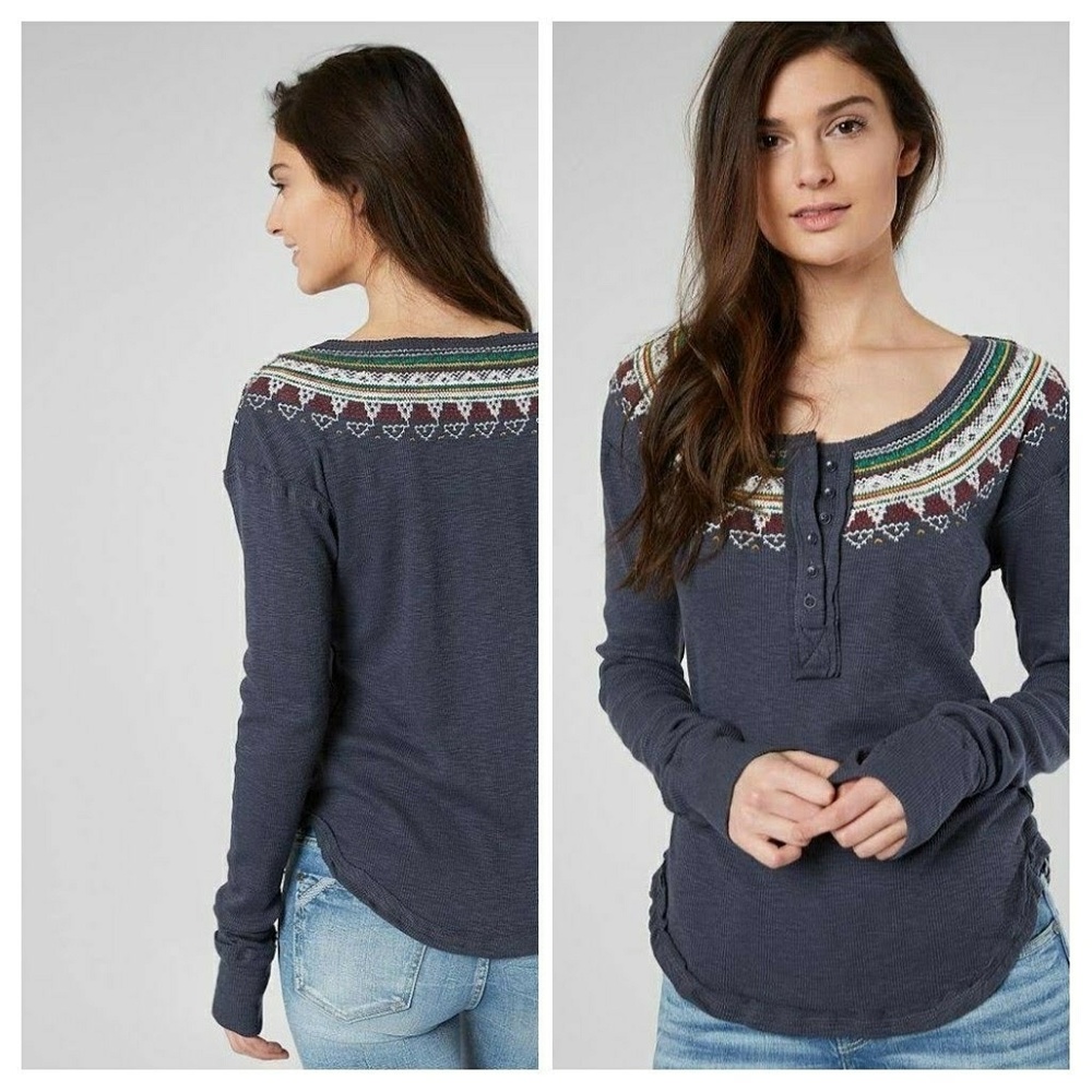 Free People Fair Isla Embroidered  Thermal Henley
